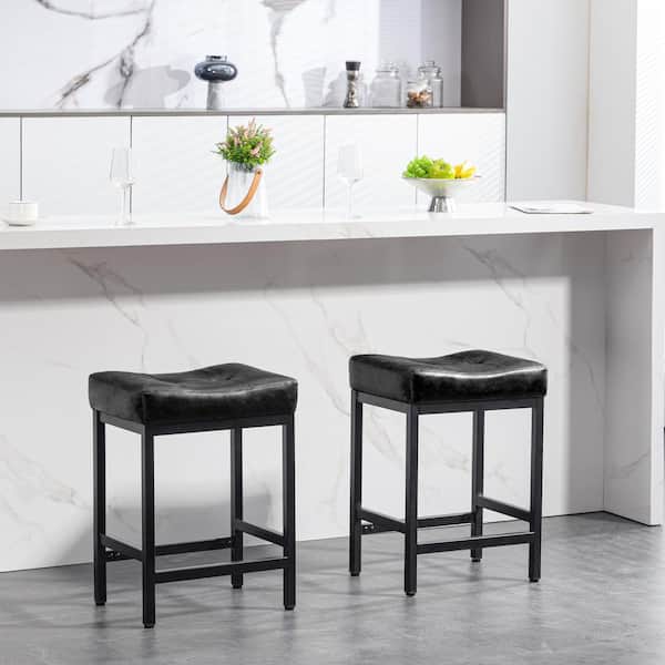 JEAREY Peel Modern 24 in. Counter Height Faux Leather Black Bar Stools for Kitchen (Set of 2)