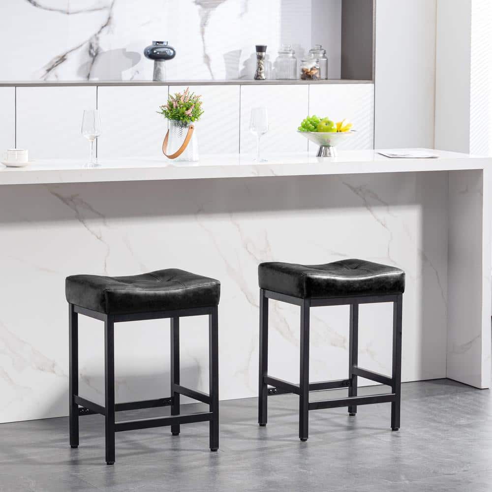 JEAREY Peel Modern 24 in. Counter Height Faux Leather Black Bar Stools ...