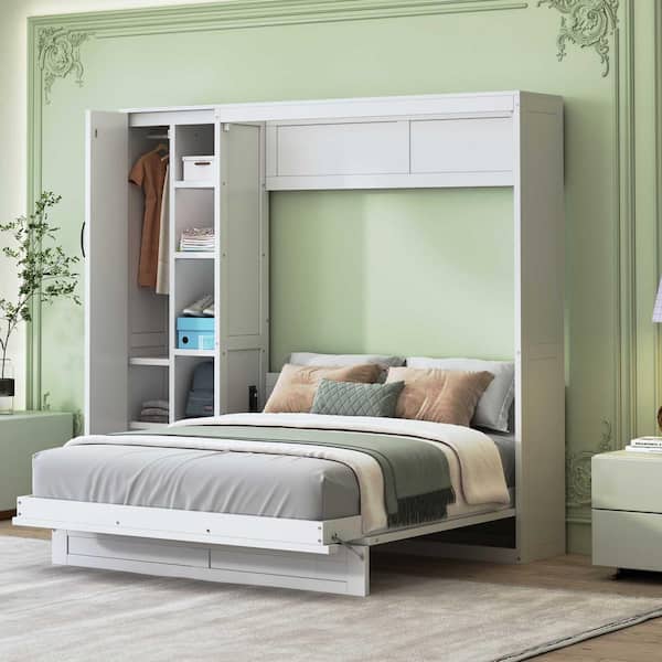 White Wood Frame Full Murphy Bed with Shelves, Wardrobe and LED Lights