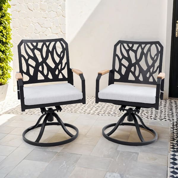 Outdoor Patio Aluminum Swivel Rocker 2-Pieces with Cushions, Branch-Like Backrest, FSC-Certified, Burbon, Black