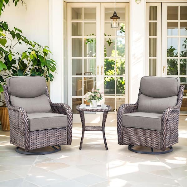 Bellefurn NovaSwivel 3-Piece Brown PE Wicker Paito Conversation Set with 6 in. Thick Olefin Gray Cushions Outdoor Swivel Chair Set