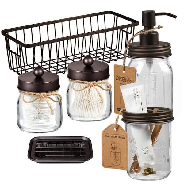 6-Piece Bath Accessory Set with Toothbrush Holder, Soap Dispenser, Mason Jars and Toilet Paper Basket in Brown