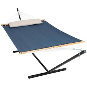 55.1 in. x 78.7 in. Quick Dry Fabric Hammock and 12 ft. Steel Stand with Matching Pillow in Sling-Navy