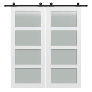 84 in. x 84 in. Shaker 4-Lite Frosted Glass Primed MDF Double Sliding Barn Door with Top Mount Hardware Kits