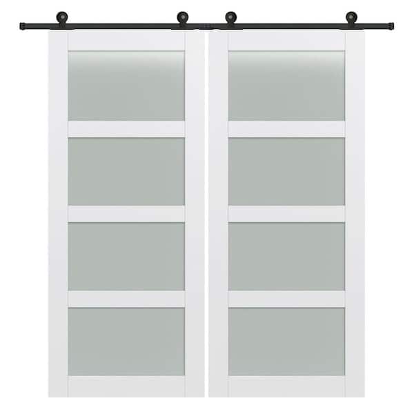 MMI Door 84 in. x 84 in. Shaker 4-Lite Frosted Glass Primed MDF Double Sliding Barn Door with Top Mount Hardware Kits