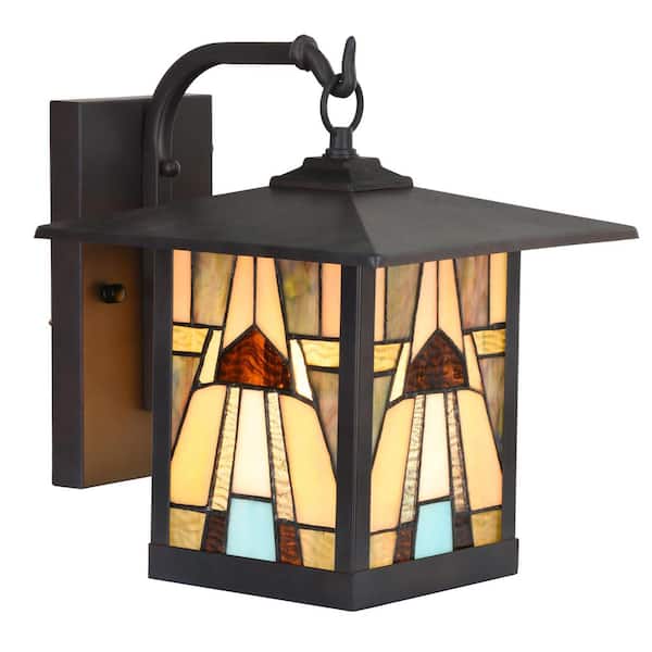 River of Goods Mission 1-Light Oil Rubbed Bronze Hardwired Outdoor Wall Lantern Sconce with Rich Brown Stained Glass