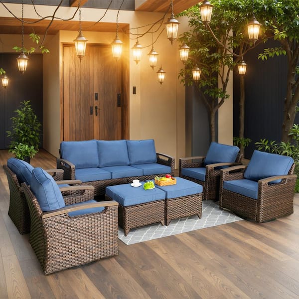 Buenaola Nyajiah 7-Piece Wicker Patio Conversation Set with Blue Cushions