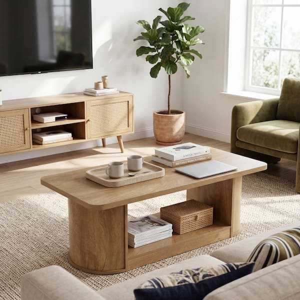 BYBLIGHT Light Brown 47.3 in. Rectangle Wood Coffee Table with