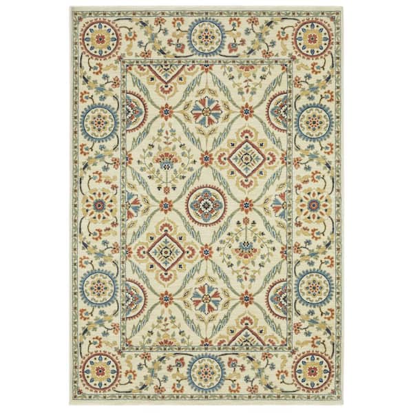 AVERLEY HOME Fleetwood Ivory/Multi-Colored 5 ft. x 8 ft. Traditional Oriental Floral Polypropylene Fringe Edge Indoor Area Rug