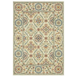 Fleetwood Ivory/Multi-Colored 7 ft. x 10 ft. Traditional Oriental Floral Polypropylene Fringe Edge Indoor Area Rug