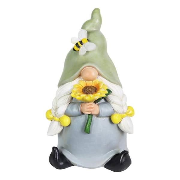 Exhart Solar Hand Painted Girl with Sunflower, 6 in. x 9.5 in. Gnome Garden Statue