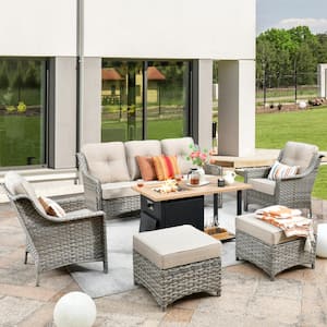 Tulip A Gray 6-Piece Wicker Patio Storage Fire Pit Conversation Sofa Set with Beige Cushions