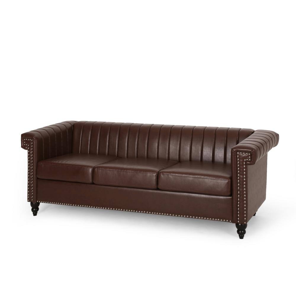 Noble House Gambier 83 in. Dark Brown Faux Leather 3-Seats Sofa 105633 ...
