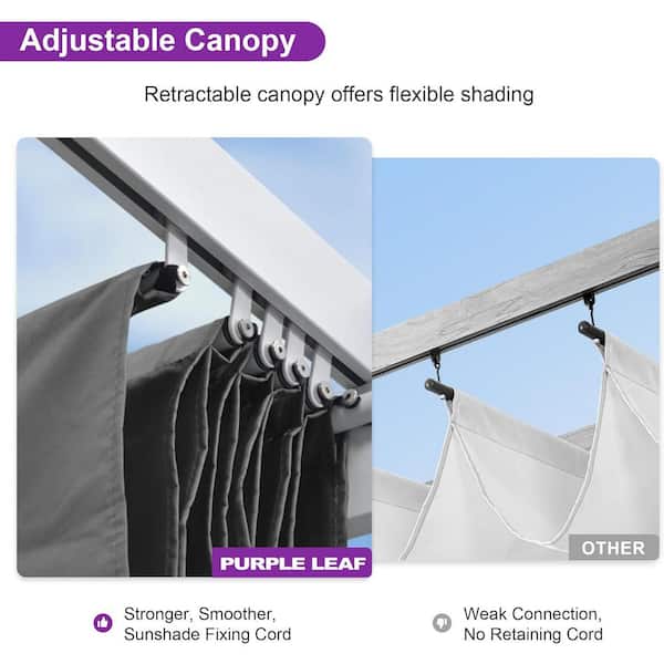10 ft. x 12 ft. White Aluminum Frame Morden Pergola with Gray Retractable Sun Shade Canopy and String Lights