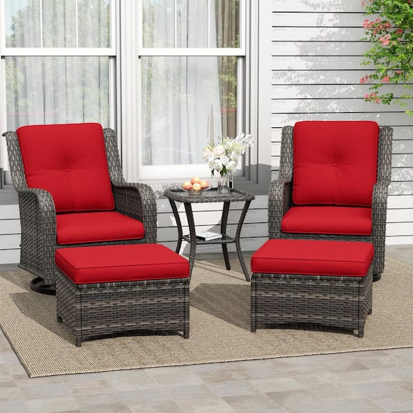 5-Piece Wicker Outdoor Patio Conversation Set Swivel Rocking Chair Set with Red Cushions