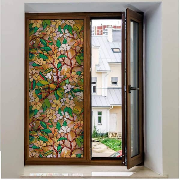 17.7 in. x 78.8 in. No Glue Self Static Removable Frosted Glass Privacy Window Film, Blooming Flowers