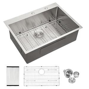 Silver Stainless Steel 30 in. Single Bowl Round Corner Drop-In Kitchen Sink with Bottom Grid