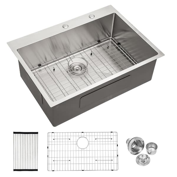 Sarlai Silver Stainless Steel 30 in. Single Bowl Round Corner Drop-In Kitchen Sink with Bottom Grid