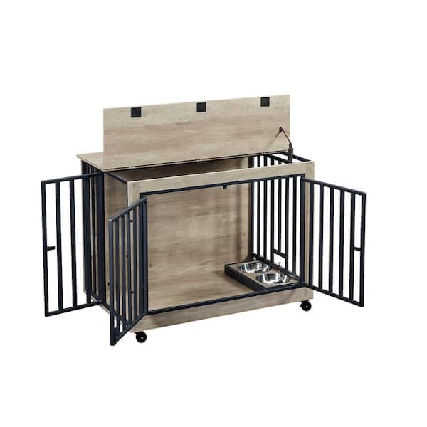 Foobrues Dog Crate Side Table With Feeding Bowl, Wheels, 3-Doors, Flip-Up Top Opening for Small to Medium Dog