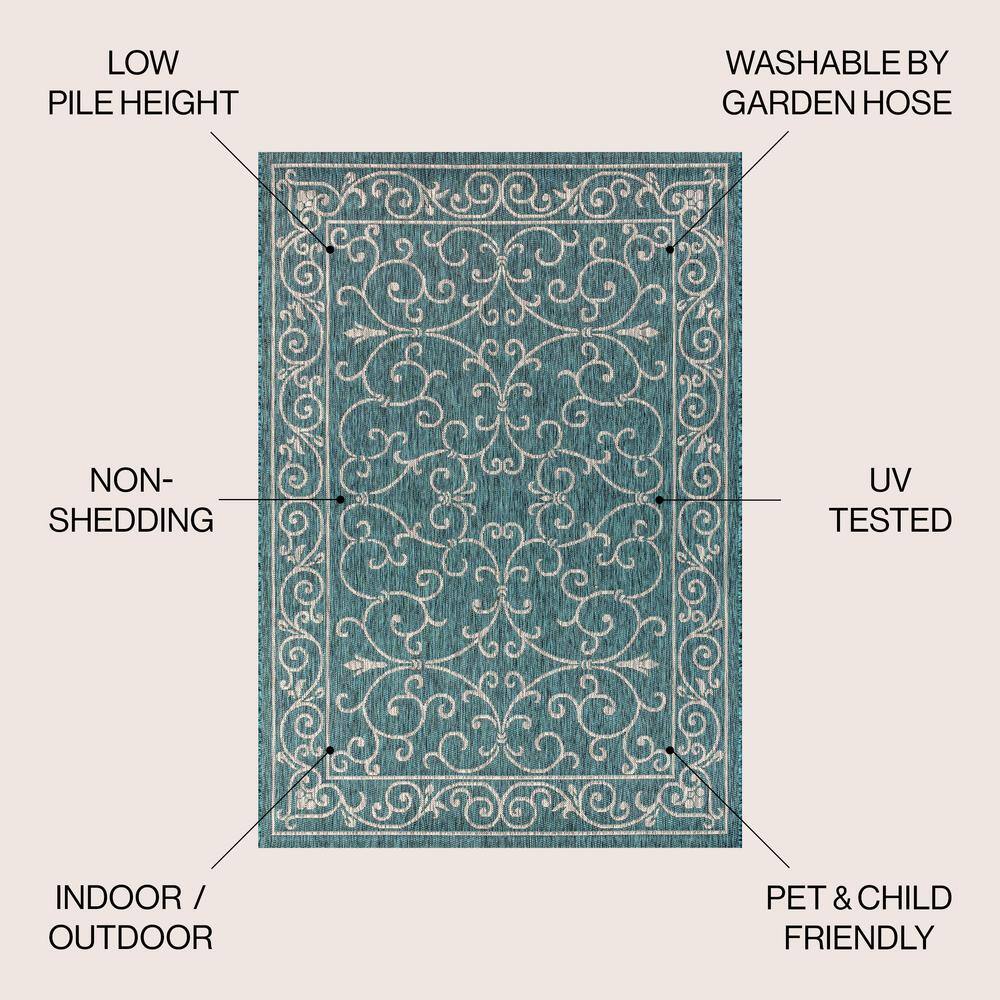 Teal & Gray Vintage Boho-Chic Filigree 9'x12' Indoor/Outdoor Rug