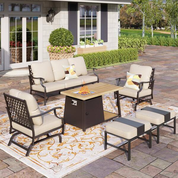 PHI VILLA Black Metal Meshed 7 Seat 6-Piece Steel Outdoor Fire Pit Patio Set With Beige Cushions, Metal Rectangular Fire Pit Table