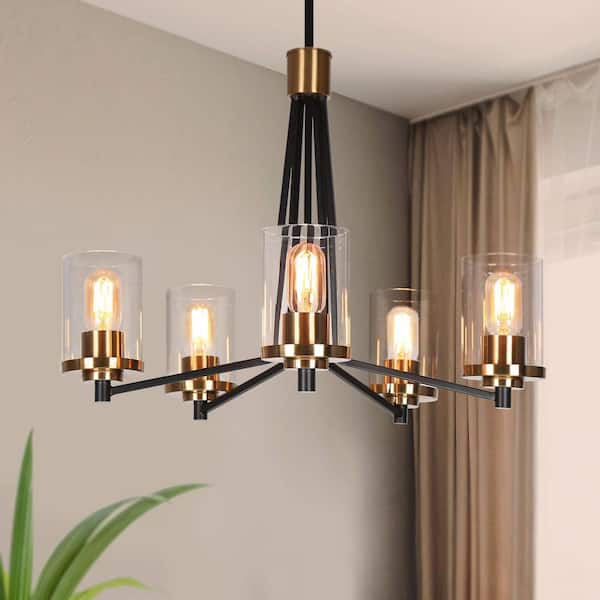 Modern Farmhouse 5-Light Sputnik Brass Chandelier Lighting with Clear Glass, Black Pendant Hanging Light for Dining Room