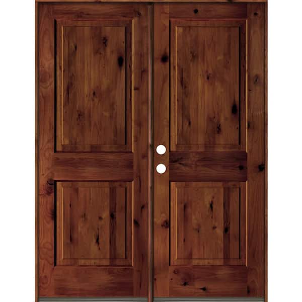 60 in. x 80 in. Rustic Knotty Alder 2-Panel Square Top Red Chestnut Stain Right-Hand Wood Double Prehung Front Door