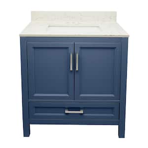 Nevado 31 in. W. x 22 in. D x 36 in. H Bath Vanity in Navy Blue with single Qt. Stone Lyra White Top with White Basin