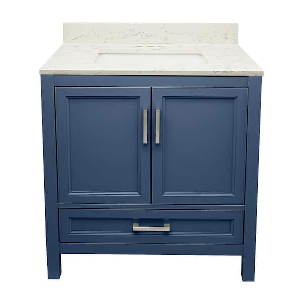 Ella Nevado 31 in. W. x 22 in. D x 36 in. H Bath Vanity in Navy Blue with single Qt. Stone Lyra White Top with White Basin