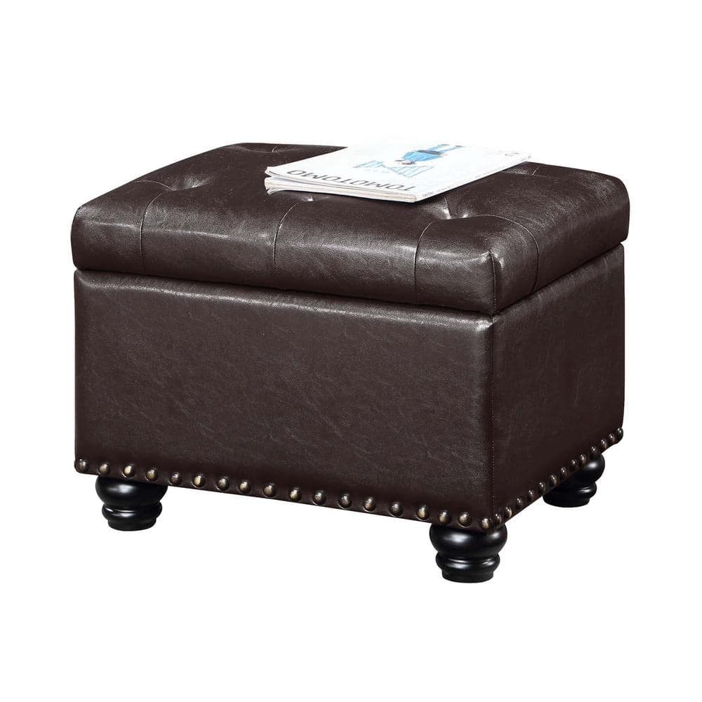 Espresso Faux Leather Tufted Storage Ottoman with Nailhead Trim