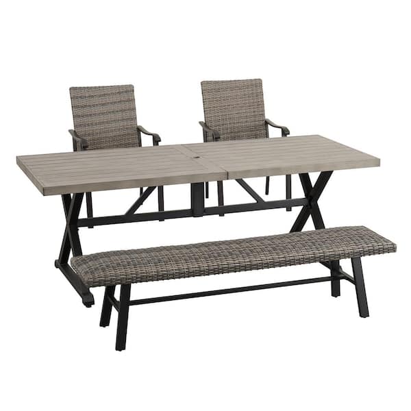ULAX FURNITURE 4-Piece Metal Outdoor Dining Set with Rectangle Table, Wicker Bench and 2 Armchairs