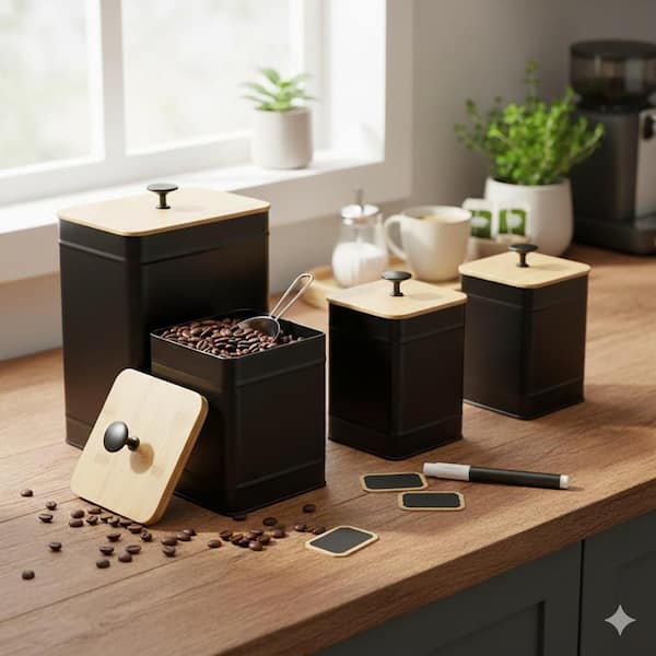 4-Piece Alloy Metal Steel Kitchen Canister Set Food Storage Containers with Airtight Wooden Lids Chalkboard Labels Black