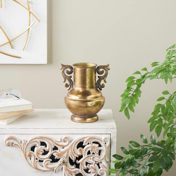 Litton Lane Gold Weathered Vintage Amphora Metal Decorative Vase with Scroll Handles