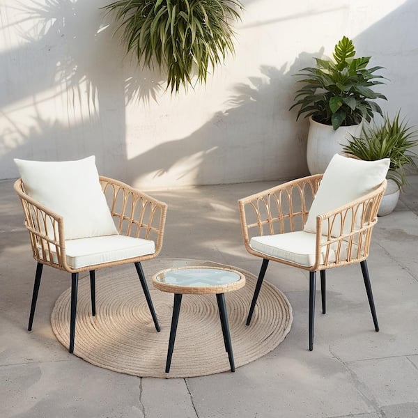 Unbranded 3-Piece Wicker Outdoor Bistro Set with Glass Top Side Table and Beige Cushions for Garden Backyard Balcony or Poolside