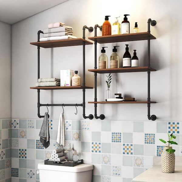 0.866 in. x 3 ft Black Iron Industrial Pipe Shelf 3-Tier and 2