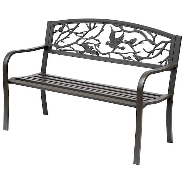 Outsunny 50 in. Vintage Garden Iron Patio Bench with Distinctive Bird Pattern Backrest, Antique Style, and Slate Seat Design