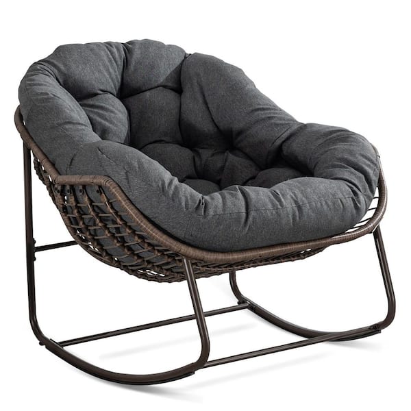 Hand-Woven Wicker Outdoor Rocking Chair with Padded Cushion in Grey