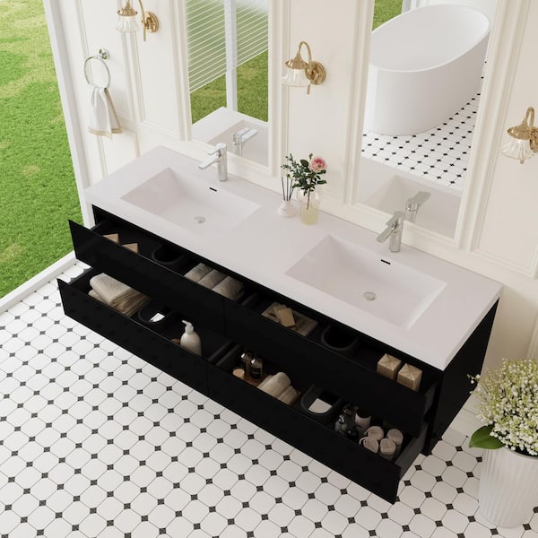 70.87 in. W x 19.69 in. D x 22.44 in. H Wall Hung Bath Vanity in Black with Resin Double Basin Vanity Top in White Resin