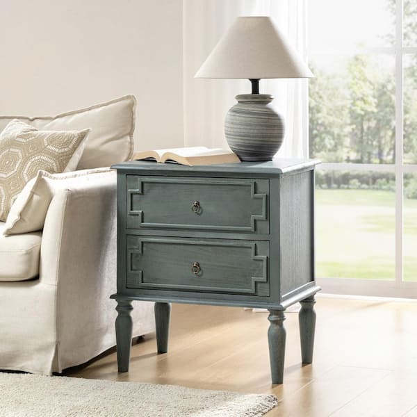 Leo Blue 2-Drawers Farmhouse Solid Wood Nightstand