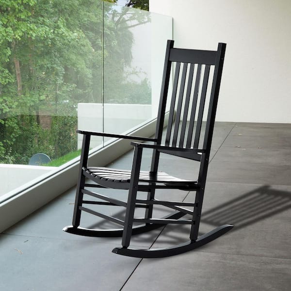 Versatile Black Wooden Indoor/Outdoor High Back Slat Rocking Chair