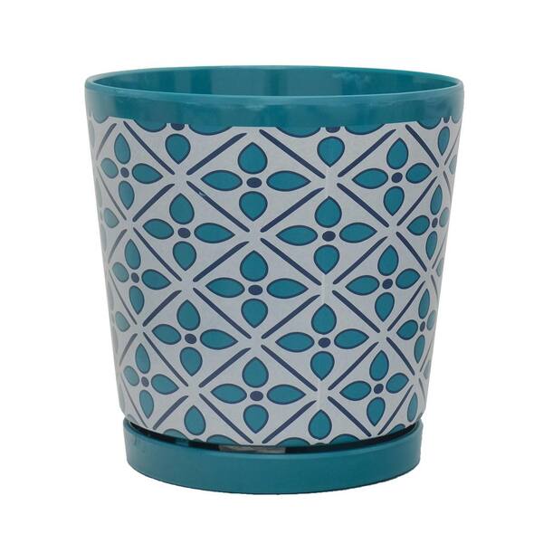 MPG 8.75 in. L x 8.75 in. W x 9 in. H Turquoise Geometric Pattern Melamine Pot with In-Line Saucer