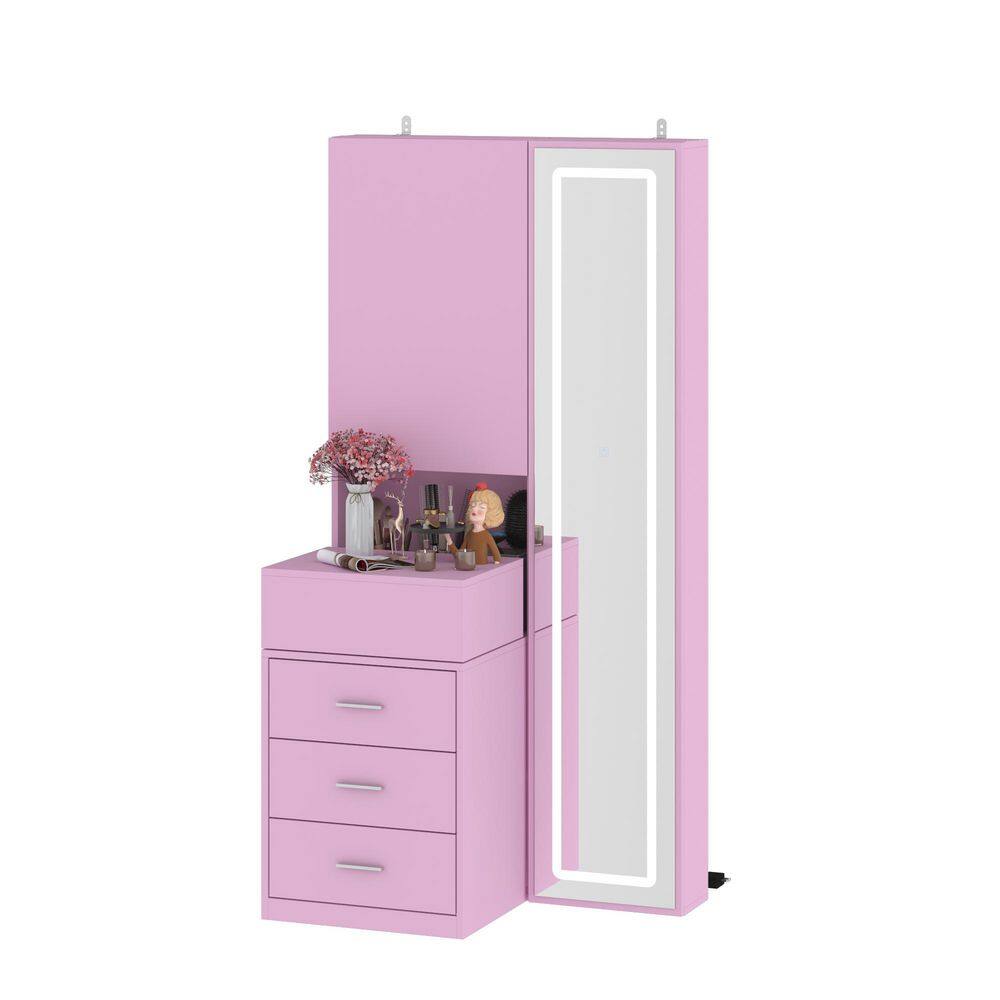 Pink Makeup Vanity Desk Wood Dressing Table With Sliding Top, Full-Length Mirror, Hidden Shelves, Drawers, LED Lights