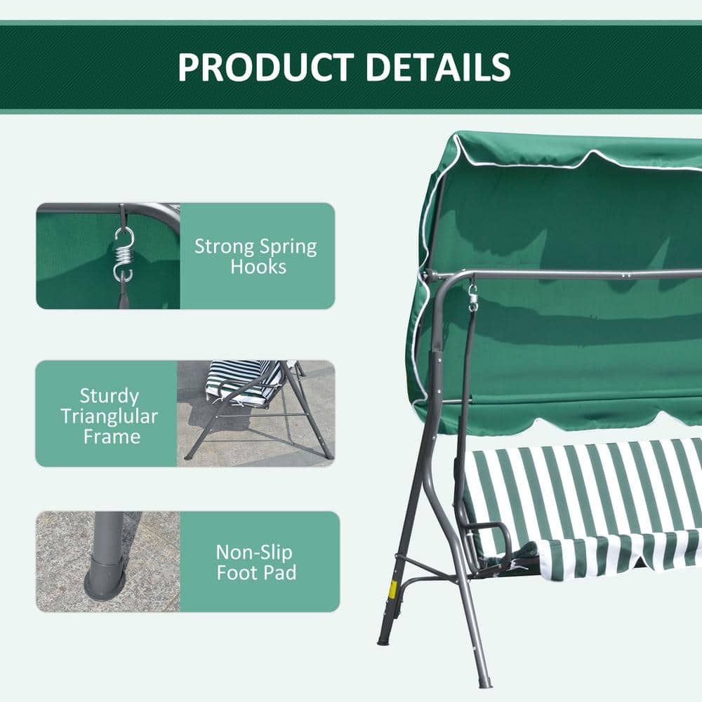 Green 3-Person Steel Frame Patio Swing with Adjustable Canopy