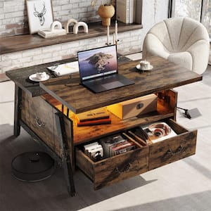 35.43 in. Rustic Brown Lift-Top Coffee Table with LED Light, Drawer and Cable Management Hole
