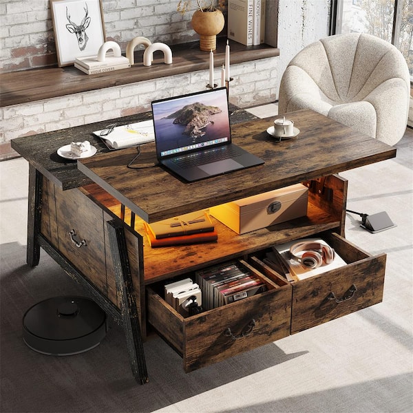 Bestier 35.43 in. Rustic Brown Lift-Top Coffee Table with LED Light, Drawer and Cable Management Hole