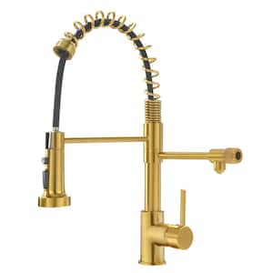 3 Way Spring Single Handle Pull Down Sprayer Kitchen Faucet, Kitchen Faucet with Drinking Water Filter in Brushed Gold