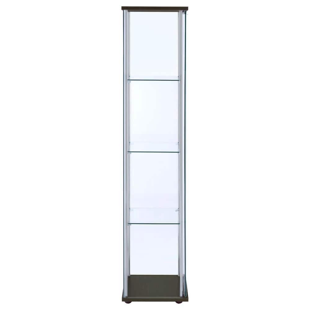 Transitional Cappuccino and Chrome Lighted Curio Cabinet with Glass Shelves
