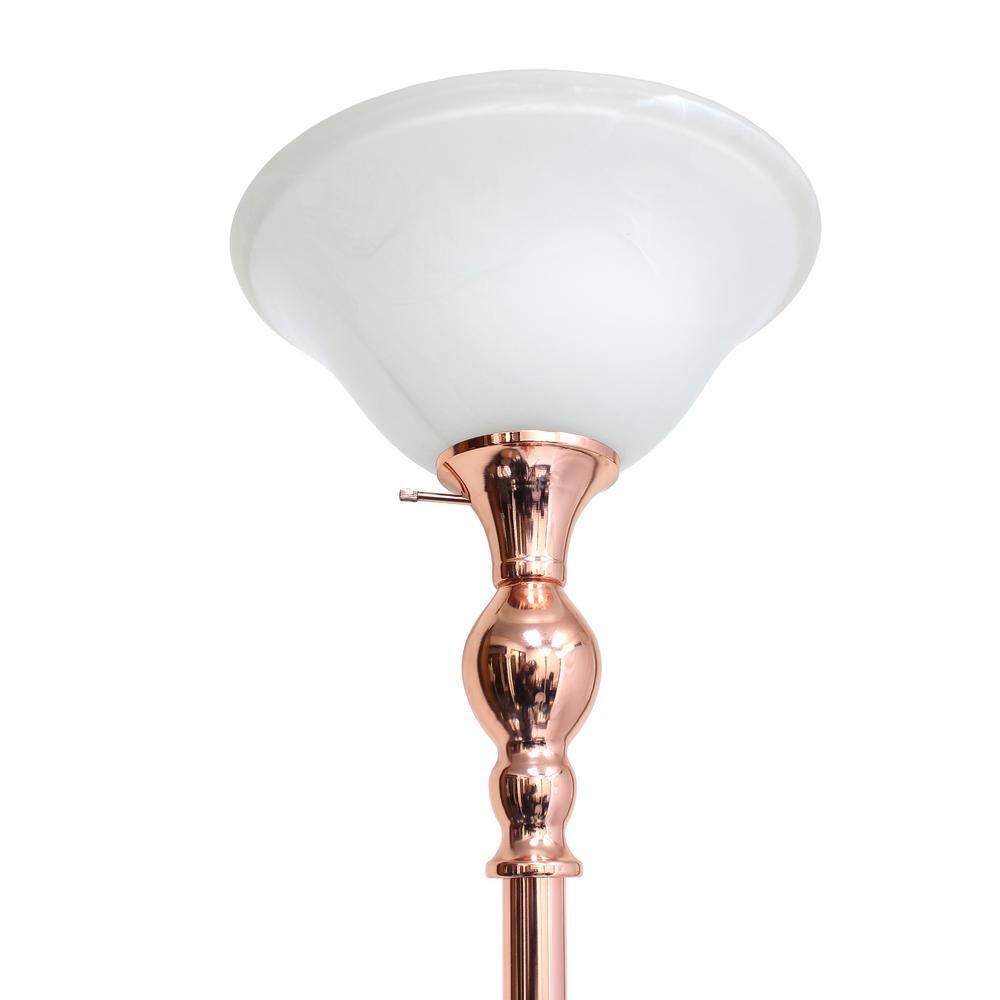 Elegant Rose Gold Torchiere Floor Lamp with Marbleized White Glass