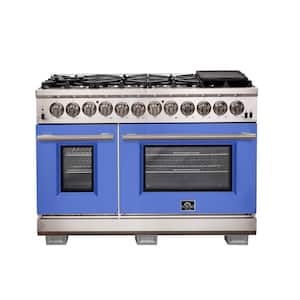 Capriasca 48 in. 6.58 cu ft Double Oven Dual Fuel Range with Gas Stove and Electric Oven in. Stainless Steel w Blue Door