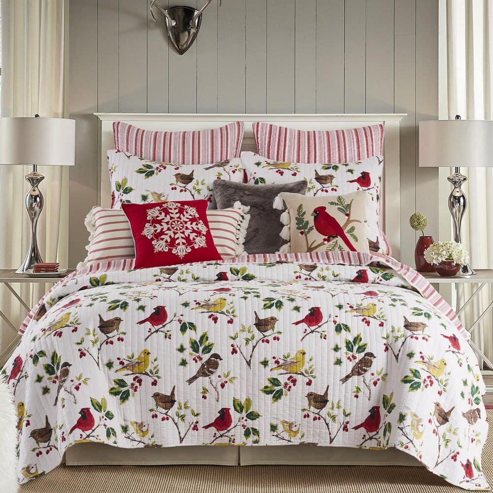 Joy Birds Reversible Red and White Microfiber Full/Queen Quilt Set